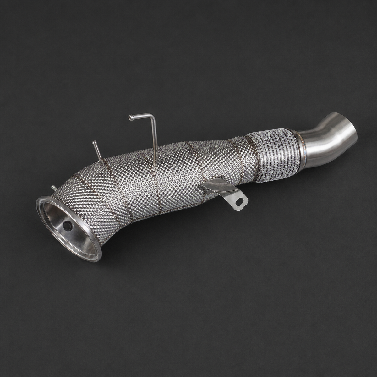 VCTR Performance BMW M340i/M440i G20/G22 Gen 3 B58 Downpipe — Heat Shield – front three-quarter view