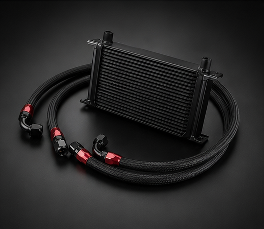 VCTR Performance BMW 135i/335i N54 25-Row Oil Cooler Kit – side three-quarter view