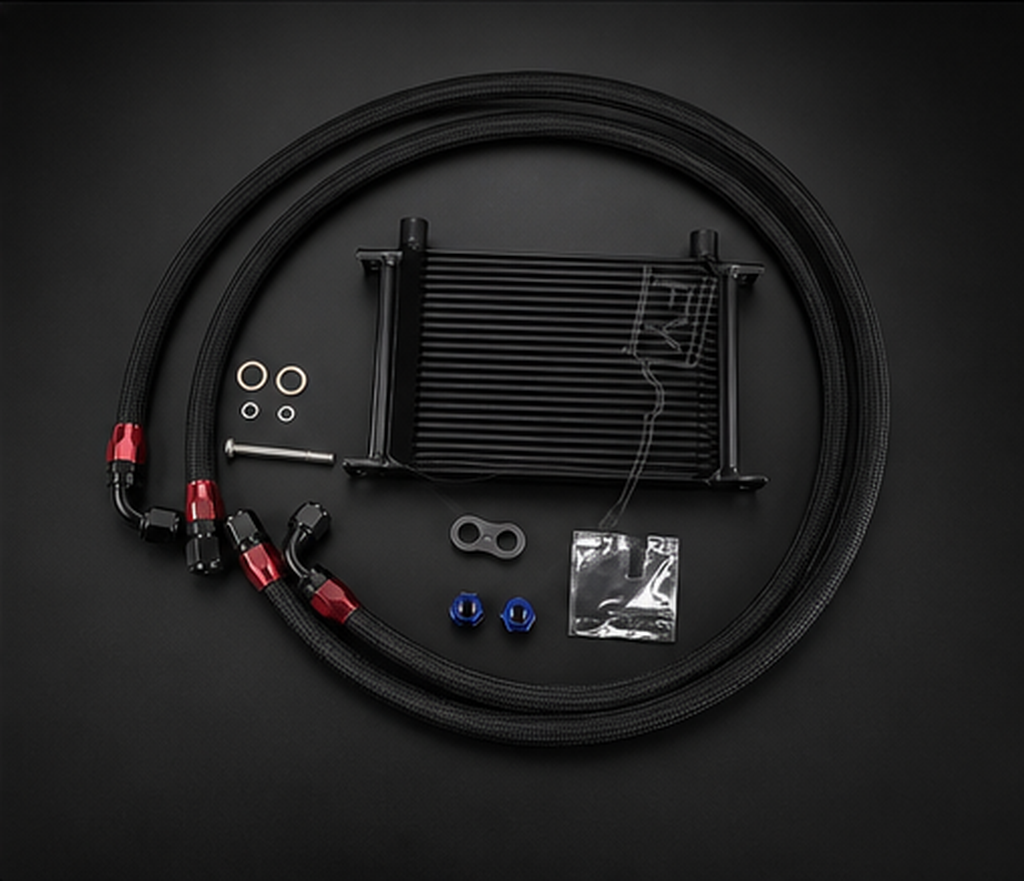 VCTR Performance BMW 135i/335i N54 25-Row Oil Cooler Kit – elevated top view