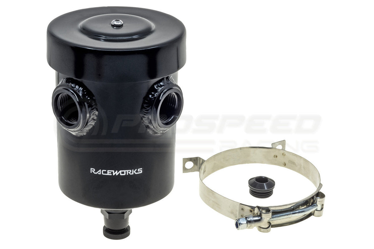 Raceworks Internal Breather Aluminium Catch Can Y-Ports With Drain Tap Black - 1L