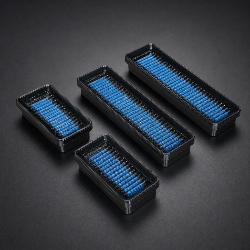 VCTR Performance BMW X3 M/X4 M F97/F98 Replacement Intake Filters — Blue – side three-quarter view