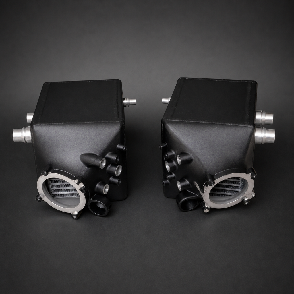 VCTR Performance BMW M5/M6 F10/F12/F13 S63 Twin Intercooler Upgrade — Black – front three-quarter view