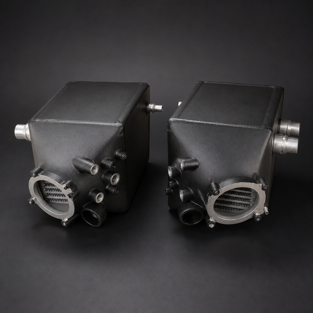 VCTR Performance BMW M5/M6 F10/F12/F13 S63 Twin Intercooler Upgrade — Black – side three-quarter view