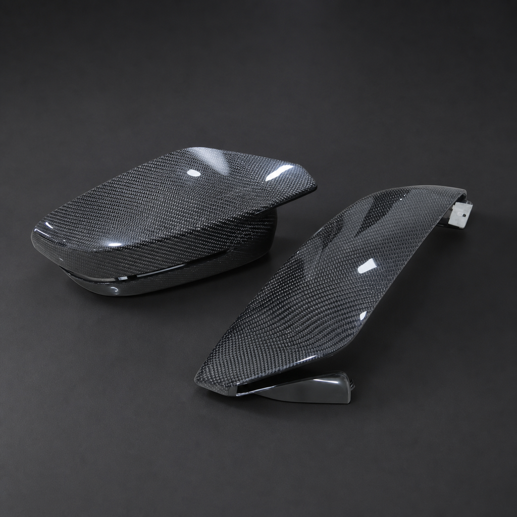 VCTR Performance BMW M3/M4 G80/G82/G83 RHD Dry Carbon Fibre Mirror Caps – side three-quarter view