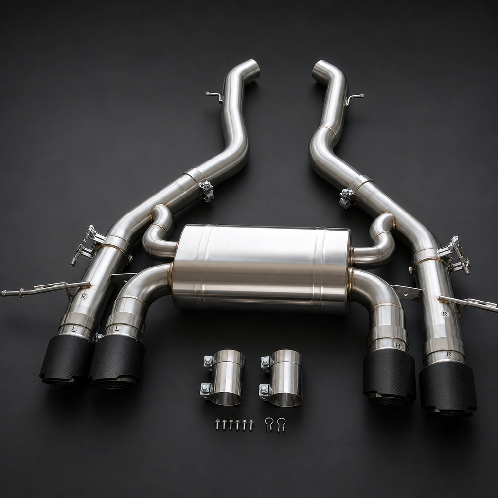 VCTR Performance BMW M3/M4 G80/G82 S58 Catback Exhaust — Matte Carbon Fibre Tips – front three-quarter view