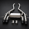VCTR Performance BMW M3/M4 G80/G82 S58 Catback Exhaust — Matte Carbon Fibre Tips – front three-quarter view
