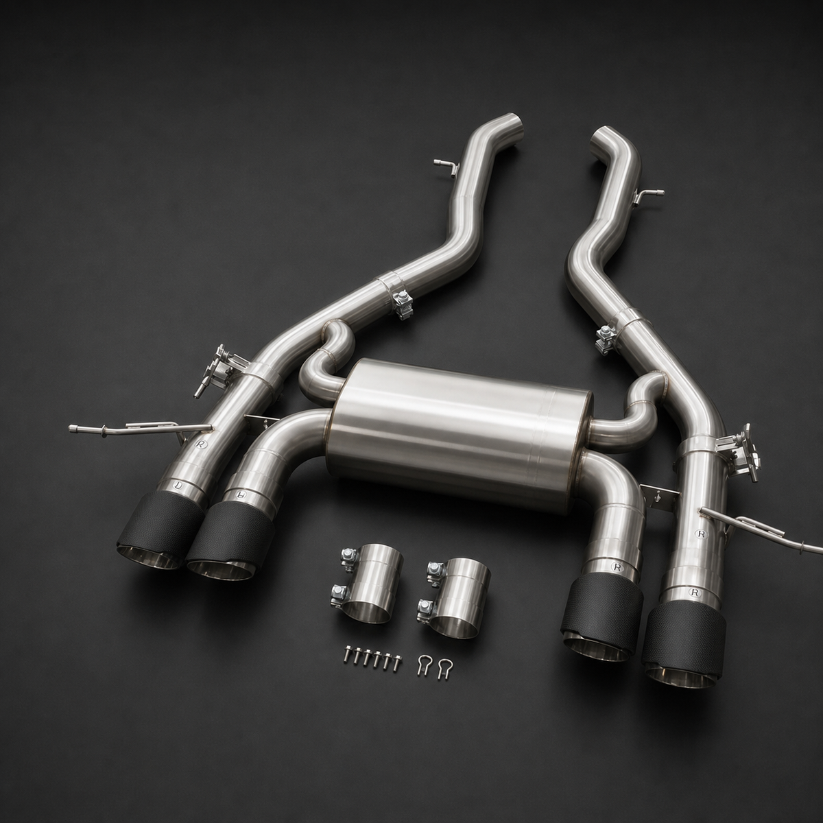 VCTR Performance BMW M3/M4 G80/G82 S58 Catback Exhaust — Matte Carbon Fibre Tips – side three-quarter view