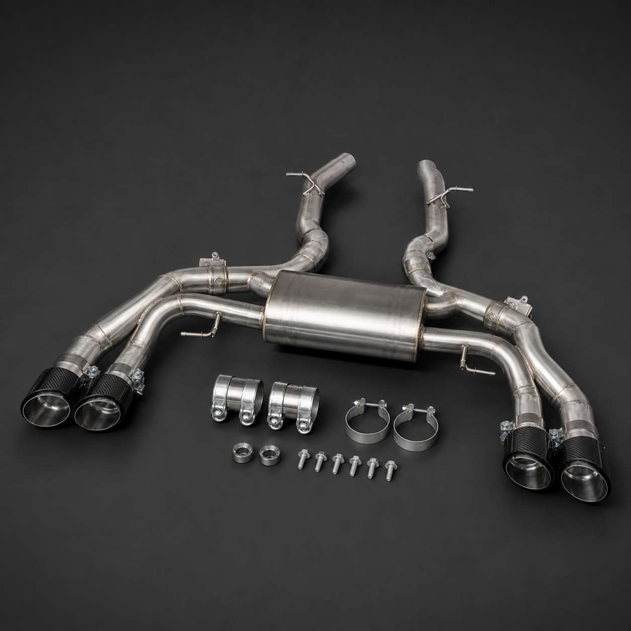 VCTR Performance BMW X3 M/X4 M F97/F98 S58 Catback Exhaust — Carbon Fibre Tips – side three-quarter view