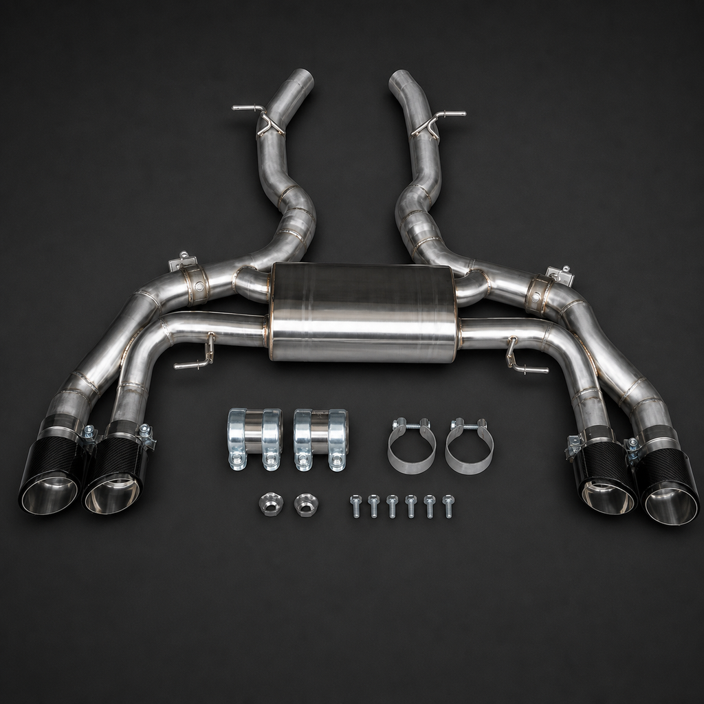 VCTR Performance BMW X3 M/X4 M F97/F98 S58 Catback Exhaust — Carbon Fibre Tips – elevated top view
