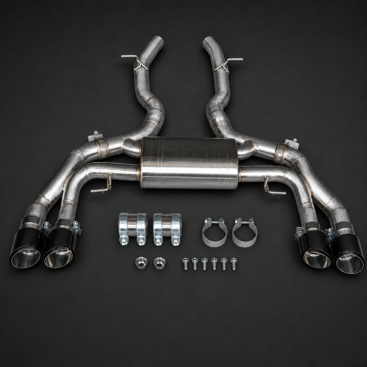 VCTR Performance BMW X3 M/X4 M F97/F98 S58 Catback Exhaust — Carbon Fibre Tips – elevated top view