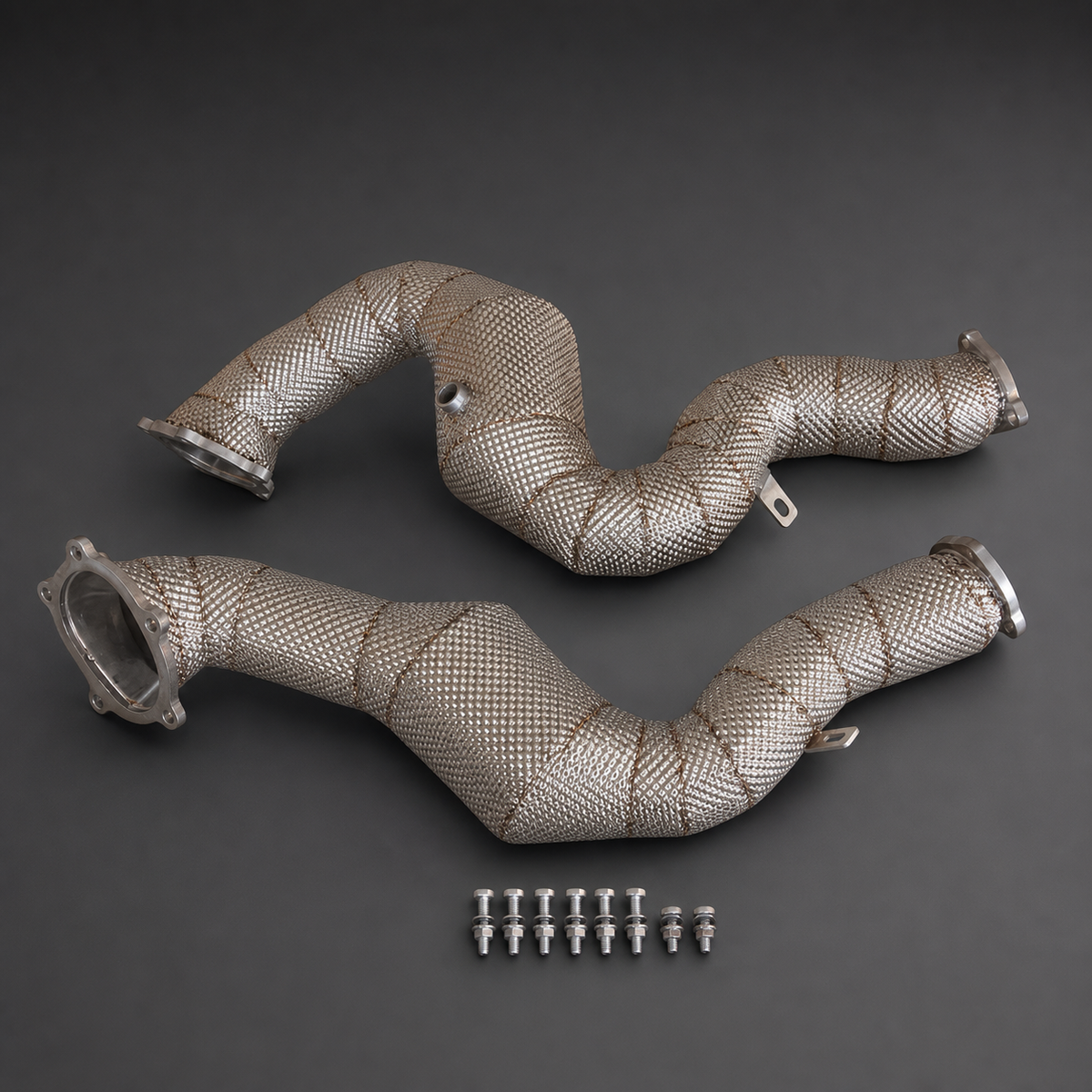 VCTR Performance Audi S6/RS6/RS7 C7 3-inch Catted Downpipes — Heat Shield – side three-quarter view