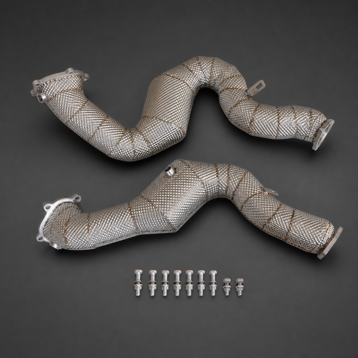 VCTR Performance Audi S6/RS6/RS7 C7 3-inch Catted Downpipes — Heat Shield – elevated top view