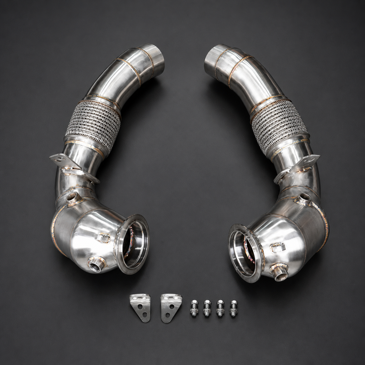 VCTR Performance BMW M5/M6 F10/F13 S63 Catted Downpipes – elevated top view