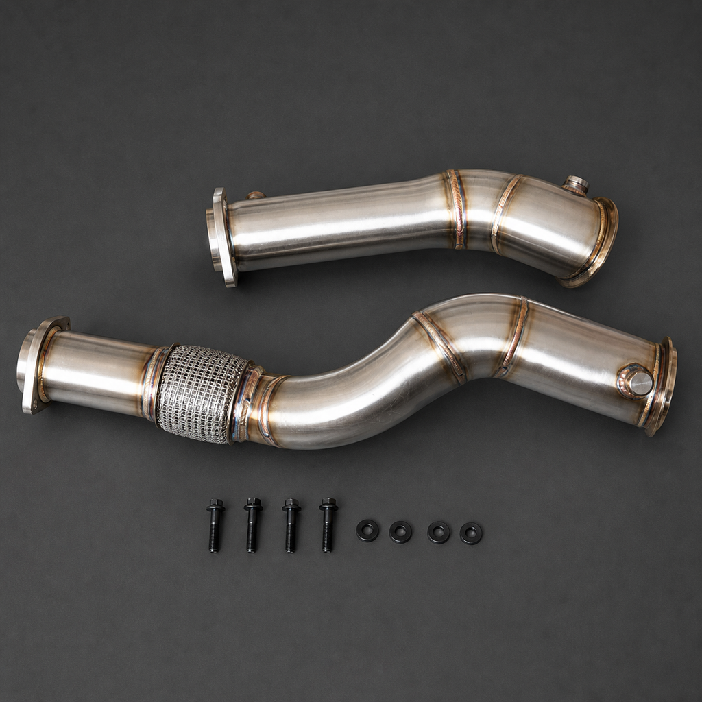 VCTR Performance BMW M2/M3/M4 G87/G80/G82 S58 Flex-Section Downpipes – elevated top view