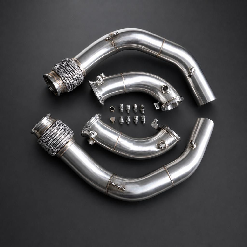 VCTR Performance BMW X5 M/X6 M F95/F96 S63 Downpipes – front three-quarter view