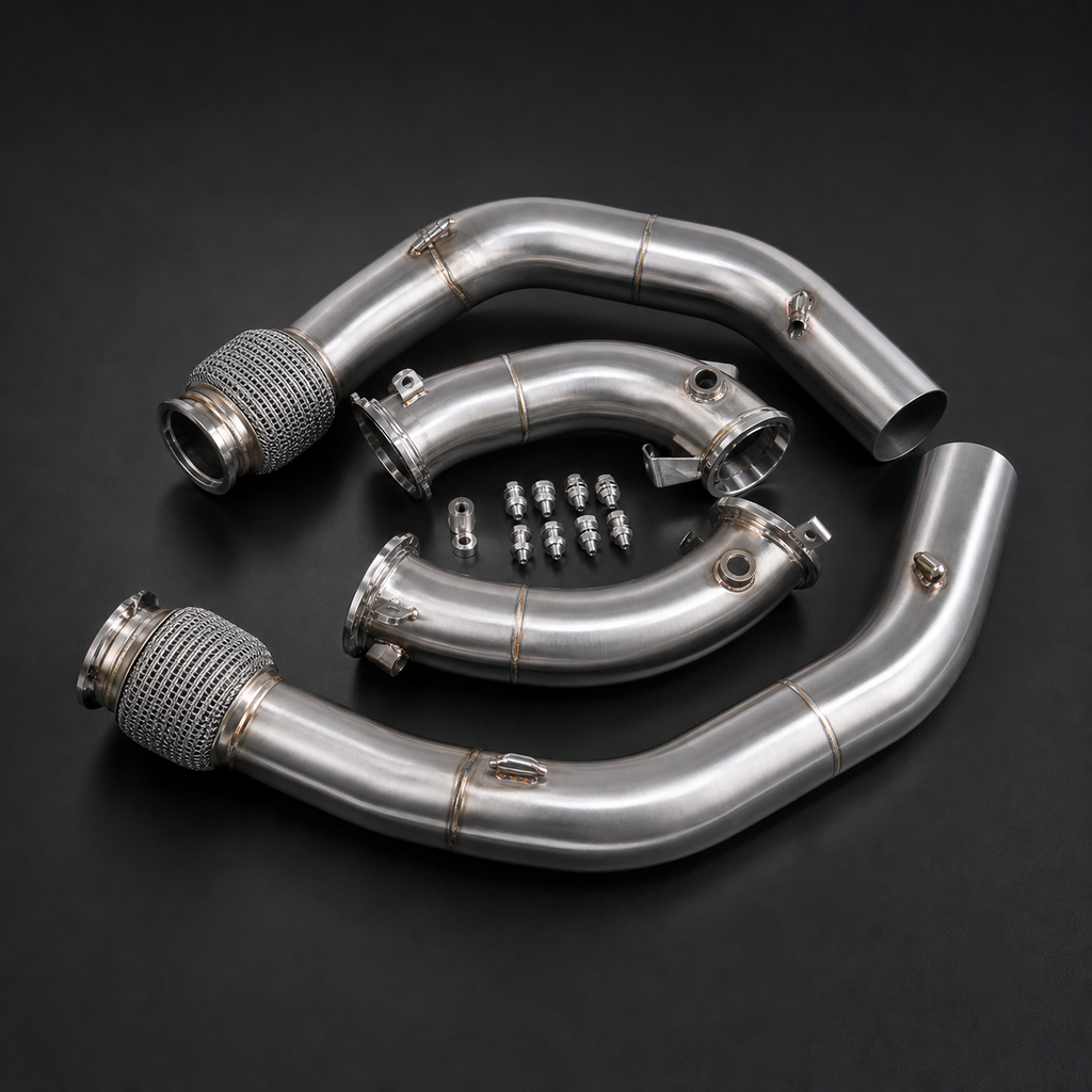 VCTR Performance BMW X5 M/X6 M F95/F96 S63 Downpipes – side three-quarter view