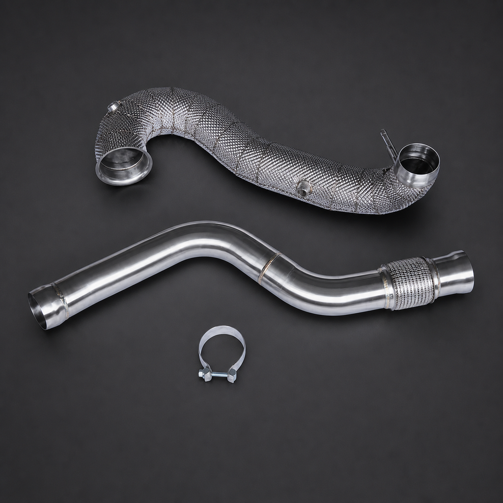 VCTR Performance Mercedes-AMG A45/CLA45 Downpipe — Heat Shield – elevated top view