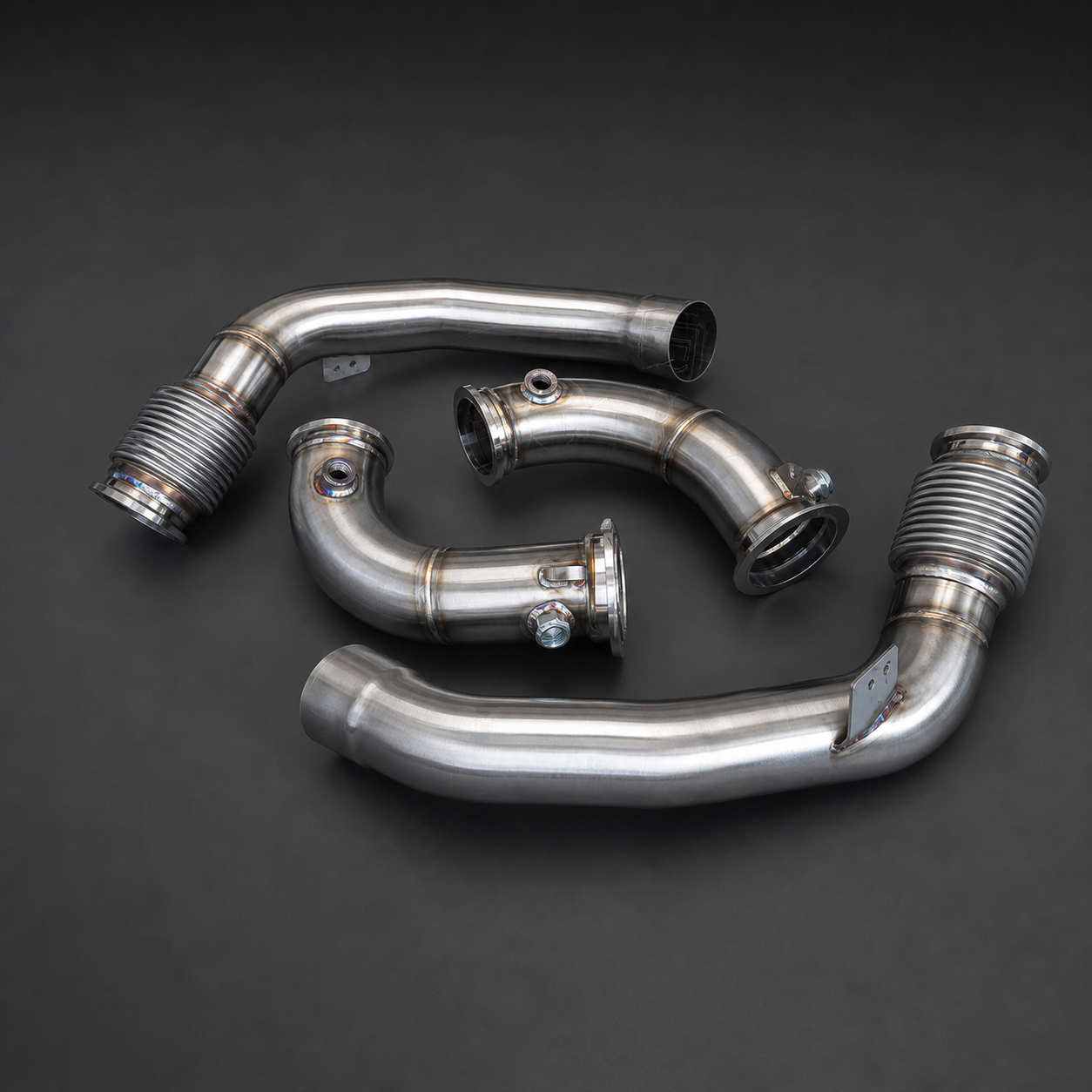 VCTR Performance BMW M5/M8 F90/F91/F92/F93 S63 Downpipes – side three-quarter view
