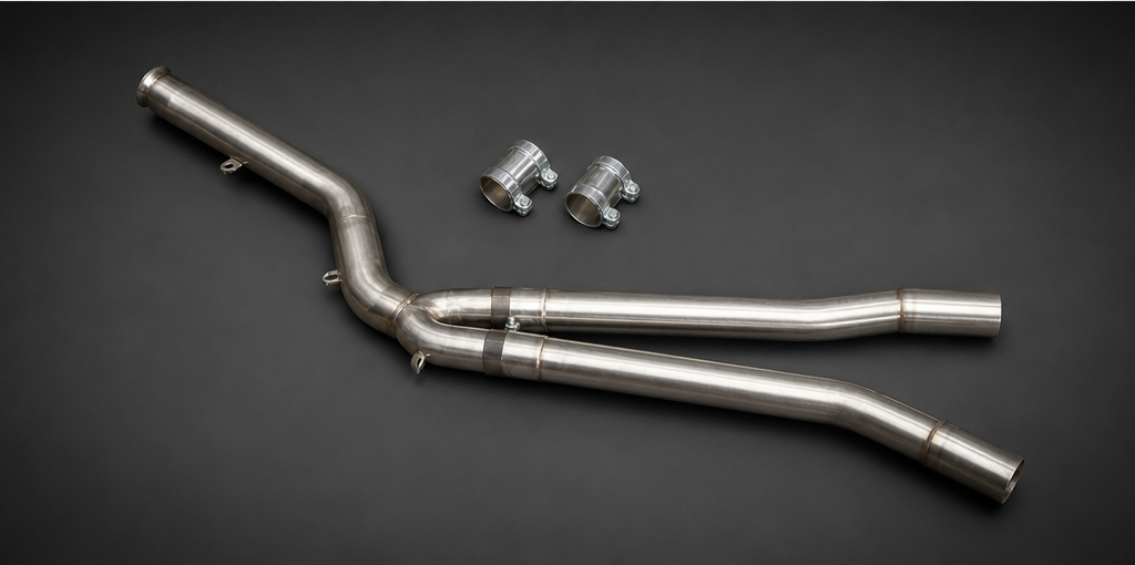 VCTR Performance BMW M340i/M440i G20/G22 B58 Round-Flange Mid Pipe – elevated top view