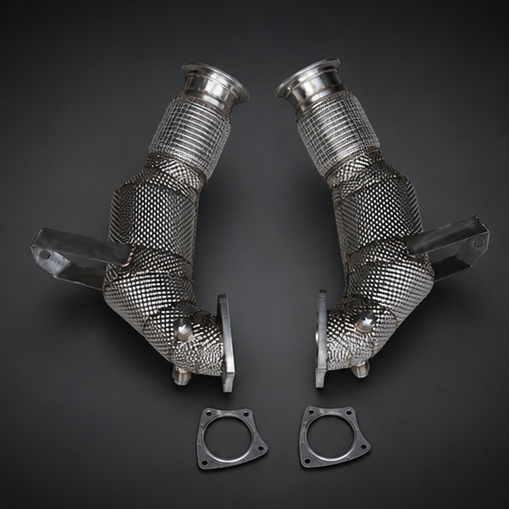 VCTR Performance Audi R8 V10 2021+ OPF Downpipes — Heat Shield – front three-quarter view