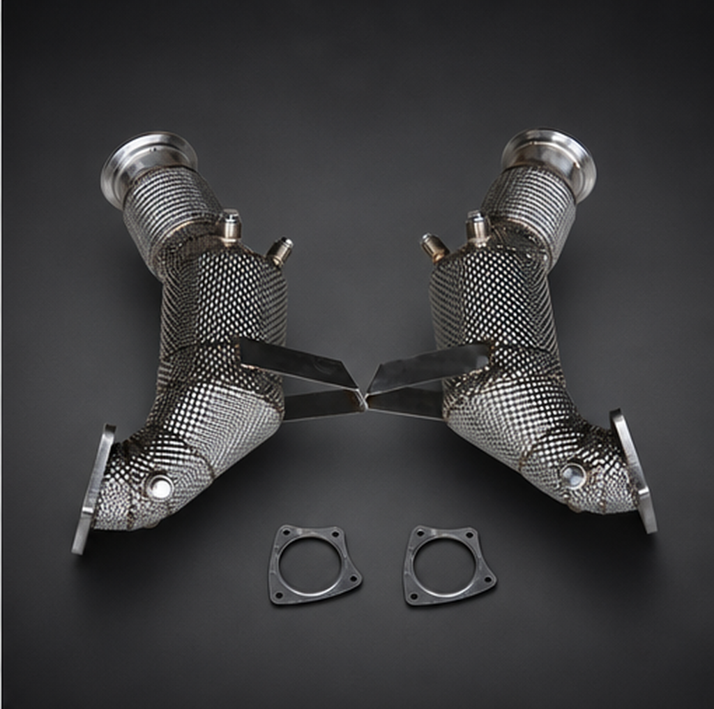 VCTR Performance Audi R8 V10 2021+ OPF Downpipes — Heat Shield – side three-quarter view