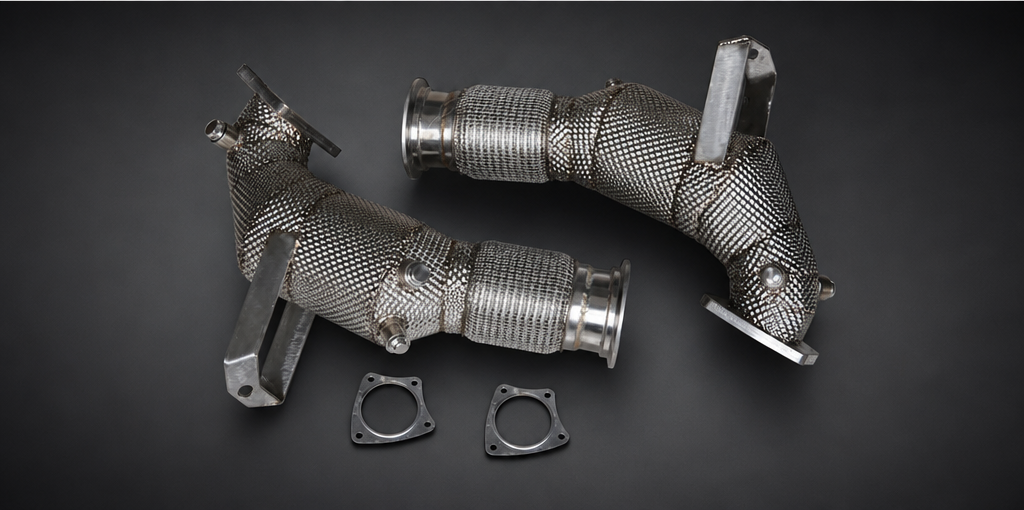 VCTR Performance Audi R8 V10 2021+ OPF Downpipes — Heat Shield – elevated top view