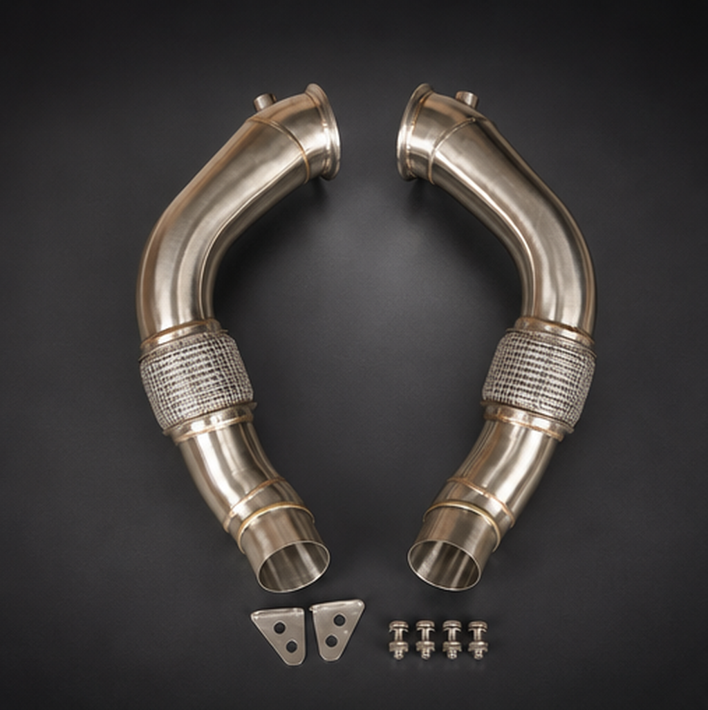 VCTR Performance BMW M5/M6 F10/F13 S63 304 Stainless Steel Downpipes – front three-quarter view