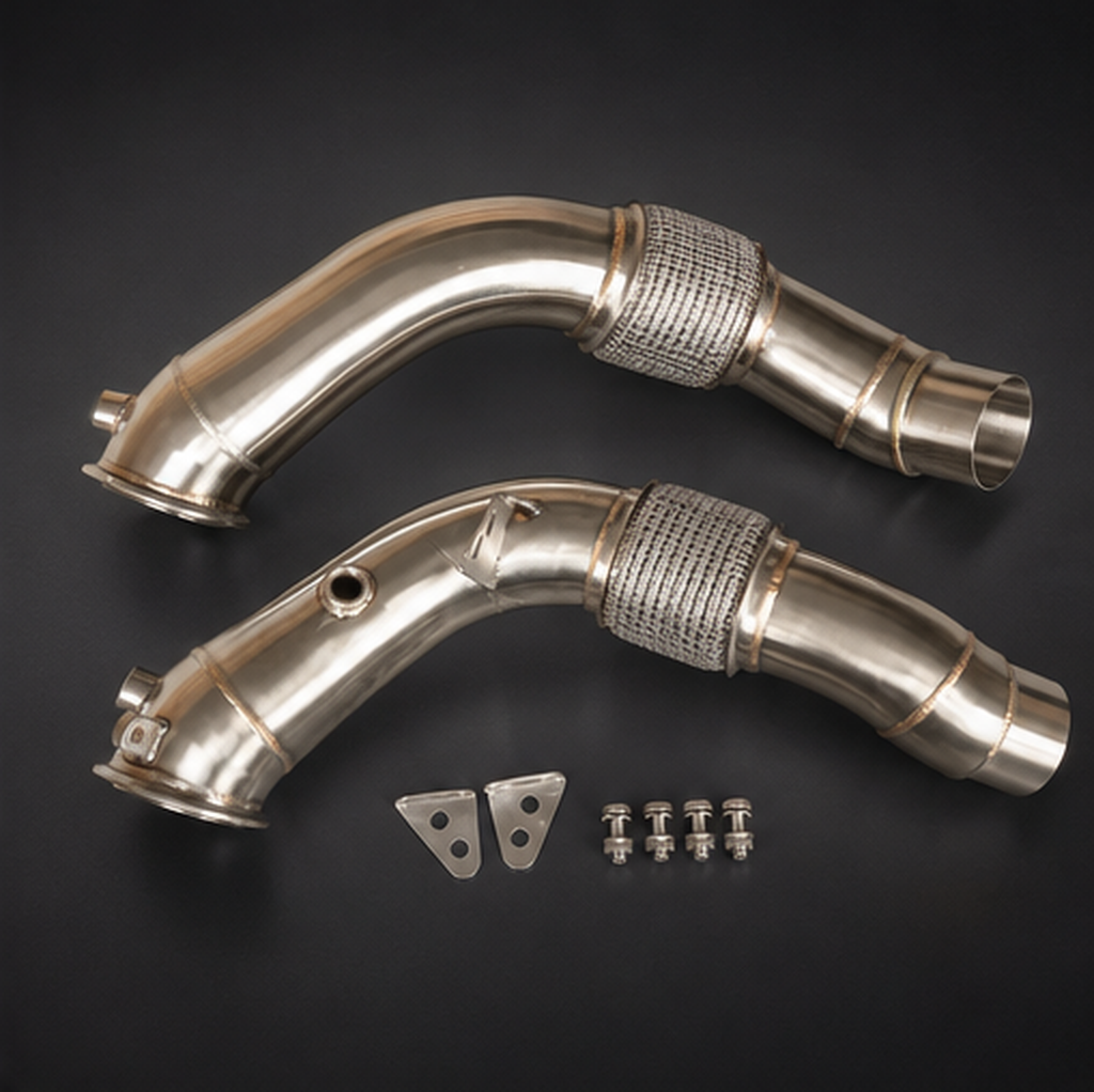 VCTR Performance BMW M5/M6 F10/F13 S63 304 Stainless Steel Downpipes – side three-quarter view