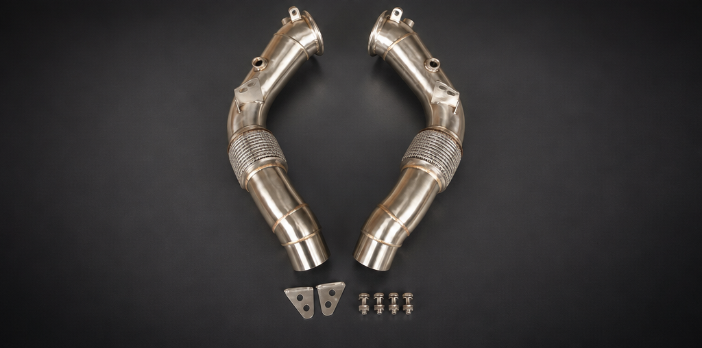 VCTR Performance BMW M5/M6 F10/F13 S63 304 Stainless Steel Downpipes – elevated top view