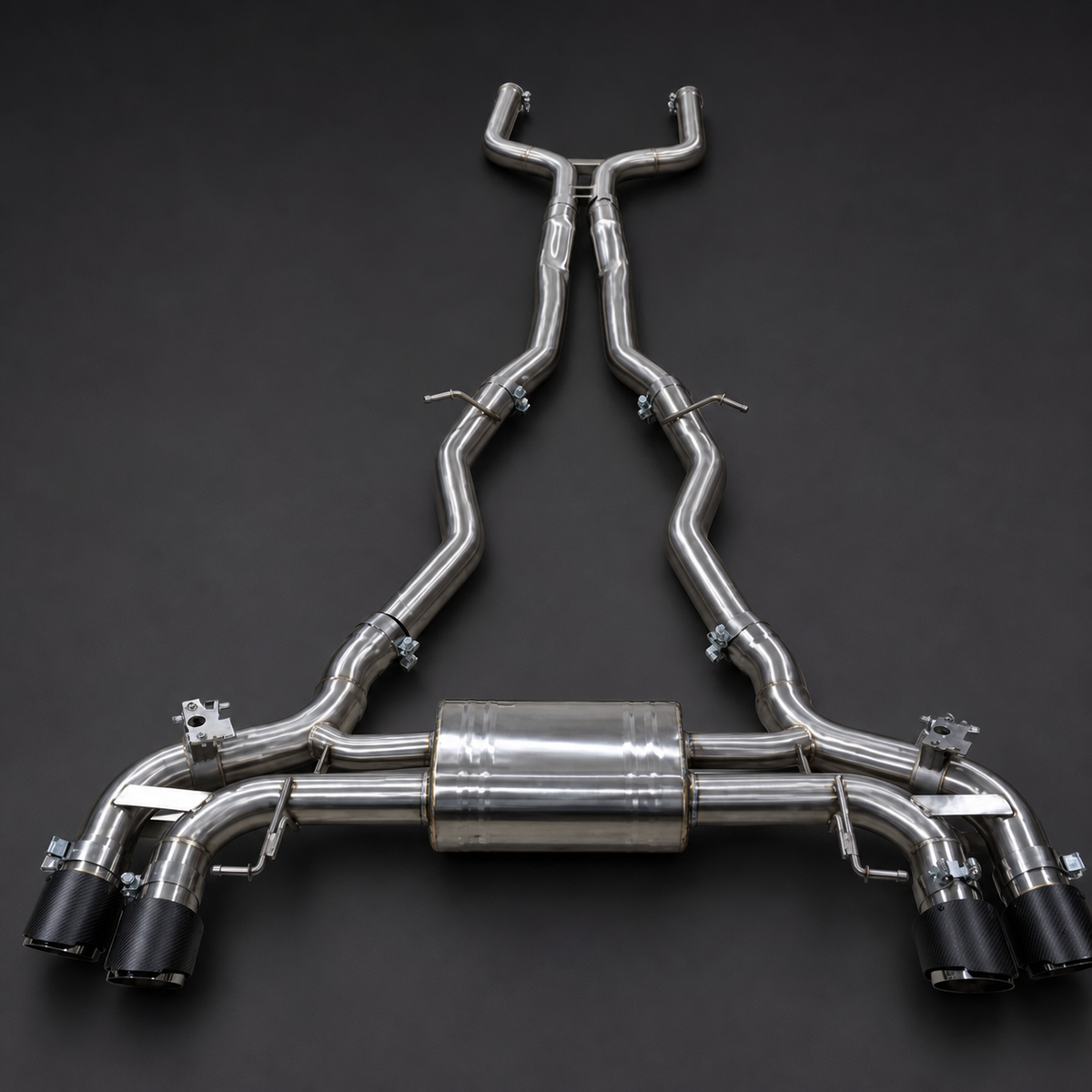 VCTR Performance BMW M5 F90 S63 Valved Catback Exhaust — Carbon Fibre Tips – front three-quarter view