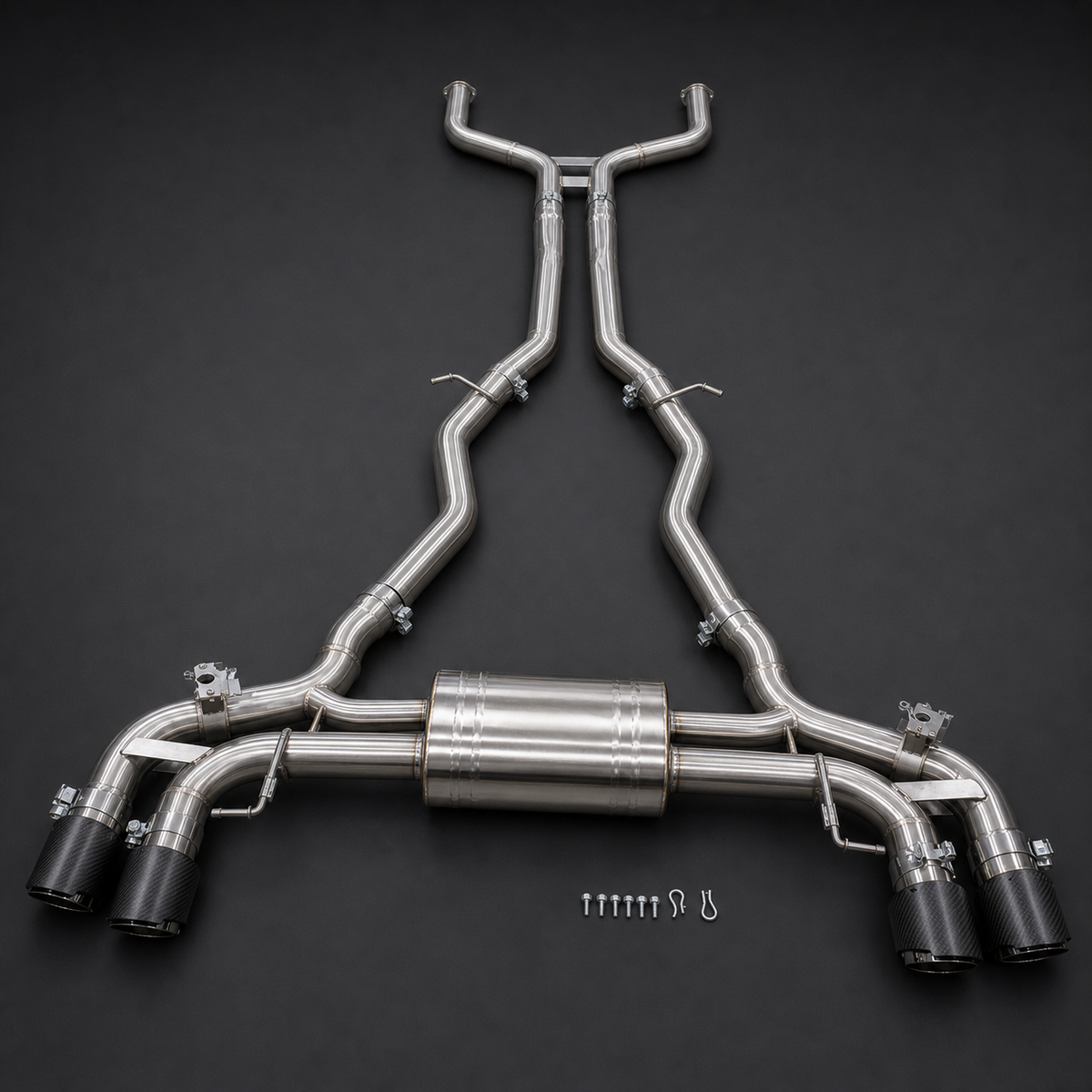 VCTR Performance BMW M5 F90 S63 Valved Catback Exhaust — Carbon Fibre Tips – elevated top view
