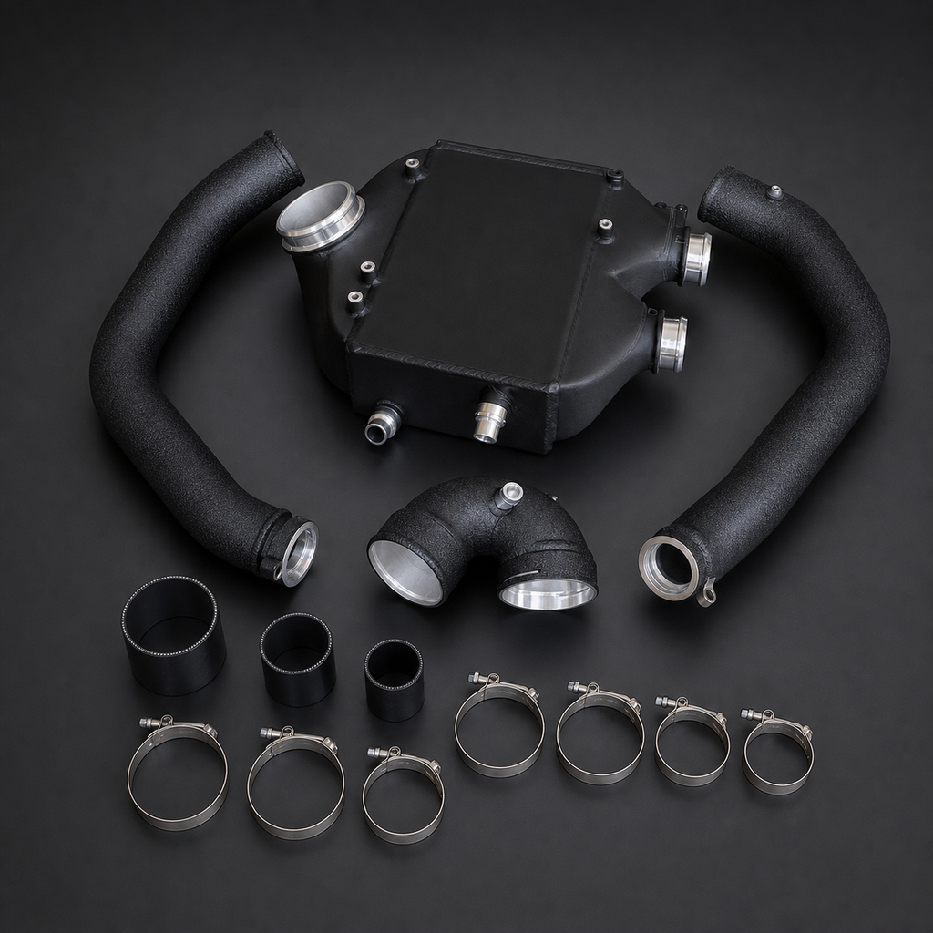 VCTR Performance BMW M3/M4 F80/F82 S55 Intercooler & Charge Pipe Package – front three-quarter view