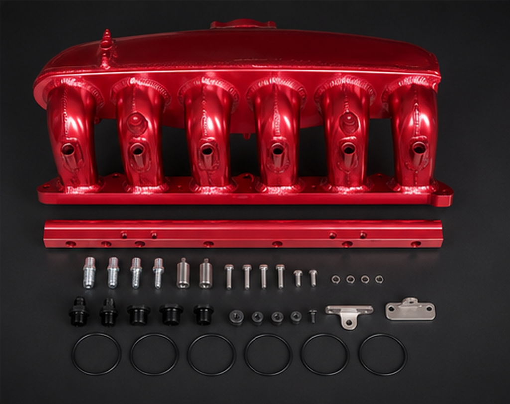 VCTR Performance BMW N54/N55 Port-Injection Intake Manifold — Red – elevated top view
