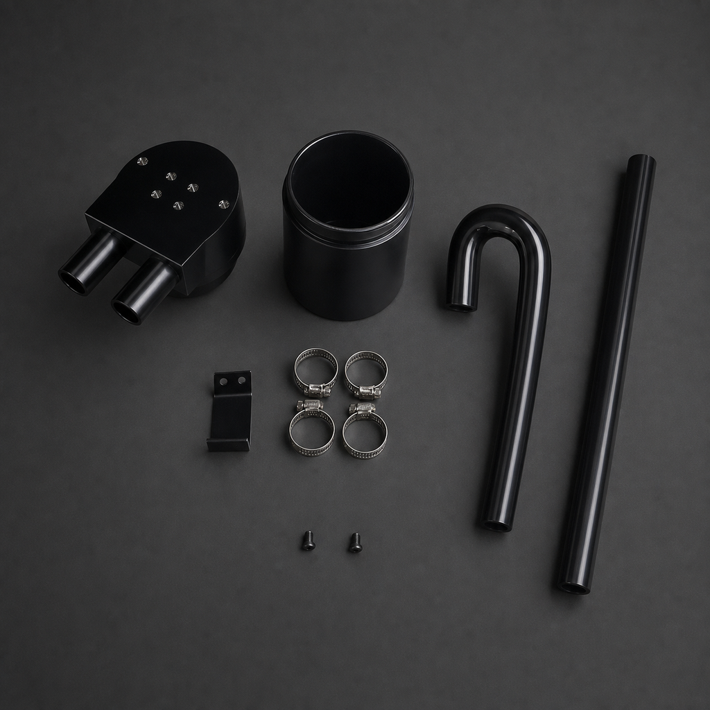 VCTR Performance BMW 135i/335i/535i N54 Dual-Baffle Oil Catch Can – elevated top view