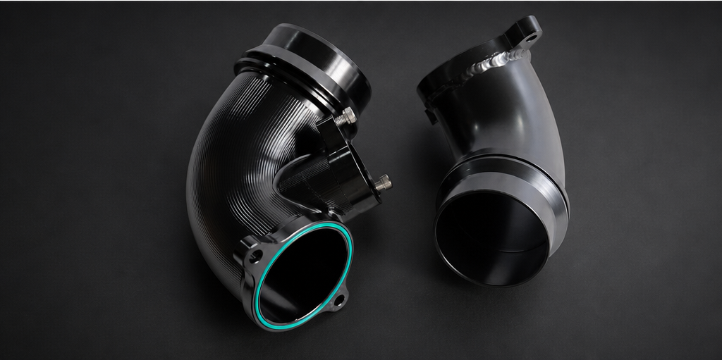 VCTR Performance BMW X3 M/X4 M F97/F98 S58 Billet Turbo Inlets – elevated top view