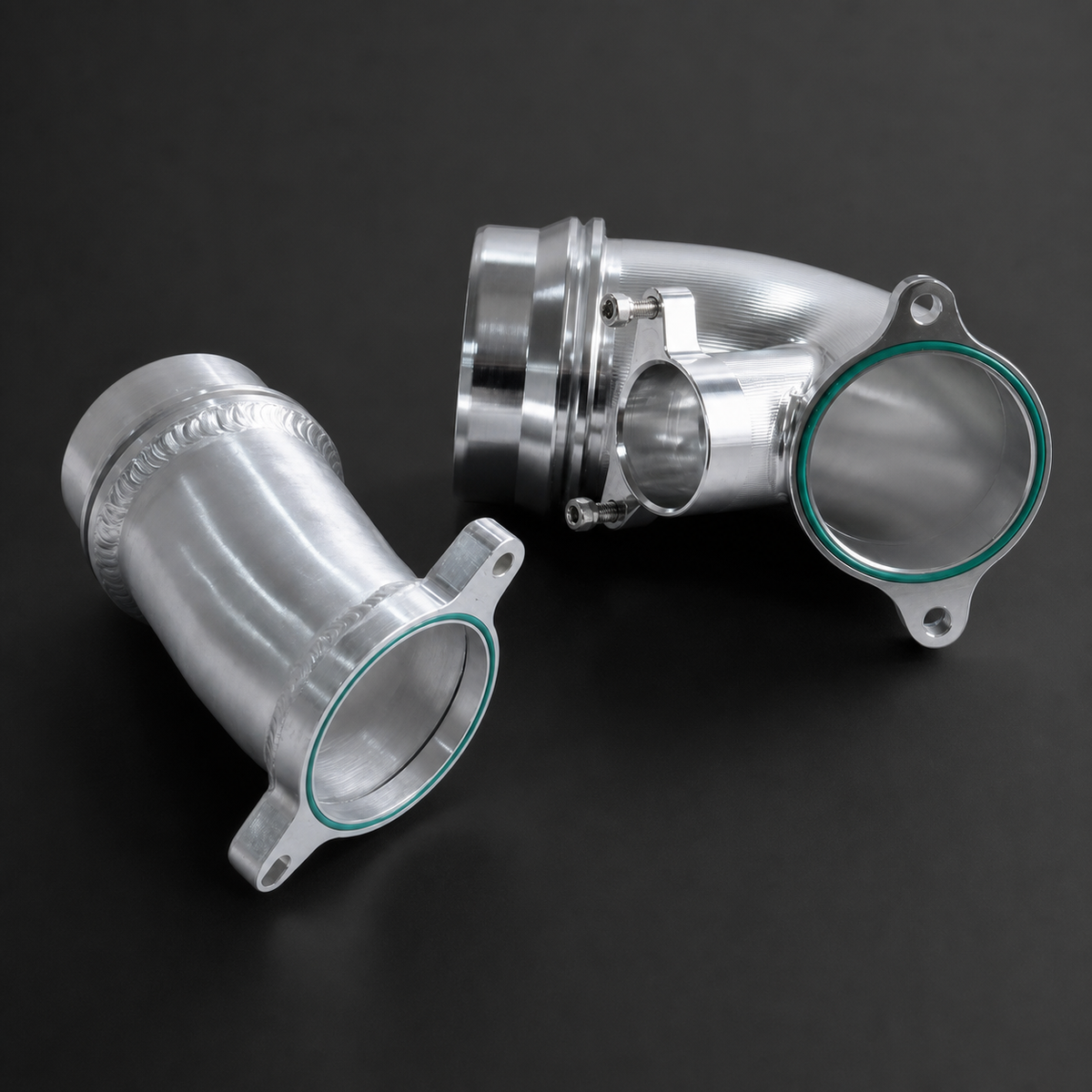 VCTR Performance BMW M3/M4 G80/G82 S58 Billet Turbo Inlets — Silver – front three-quarter view