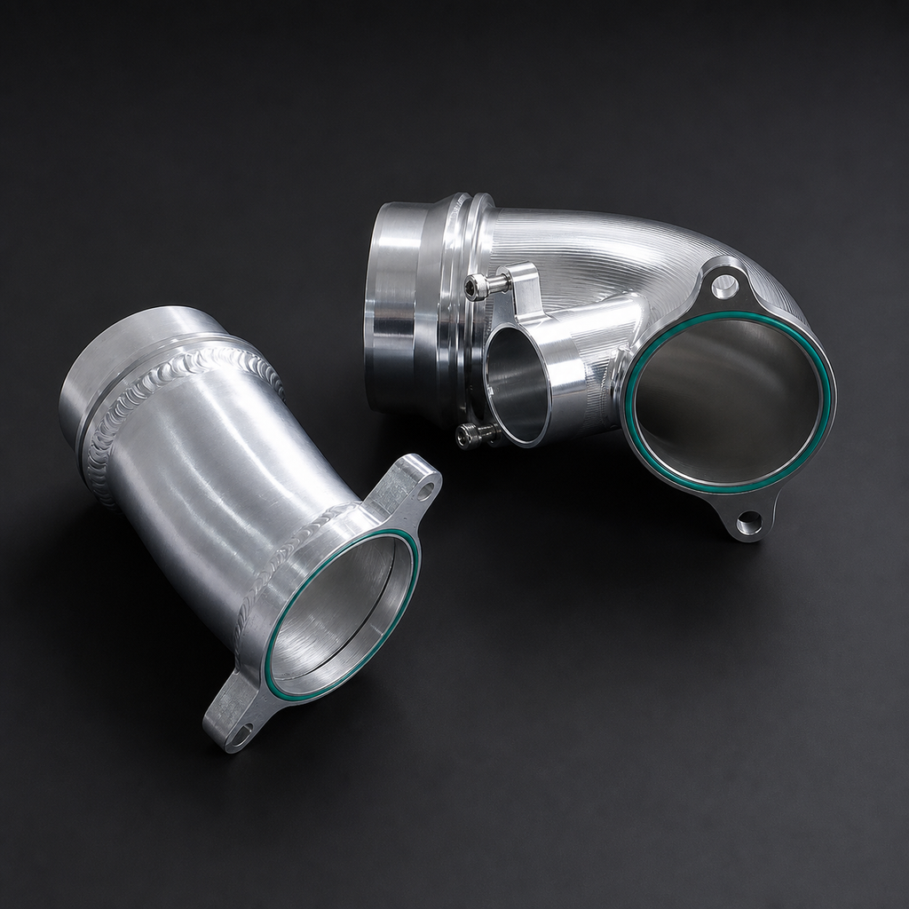 VCTR Performance BMW M3/M4 G80/G82 S58 Billet Turbo Inlets — Silver – side three-quarter view