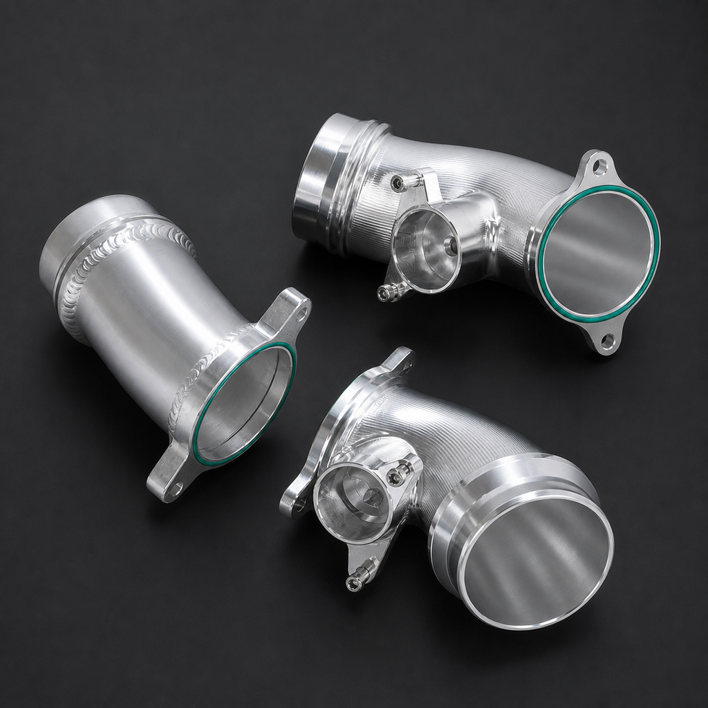 VCTR Performance BMW M3/M4 G80/G82 S58 Billet Turbo Inlets — Silver – elevated top view