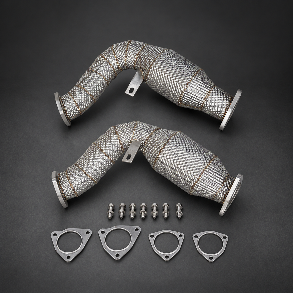 VCTR Performance Audi A5/Q5/S4/S5/SQ5 B8/B8.5 3.0 TFSI Catted Downpipes — Heat Shield — studio view 1
